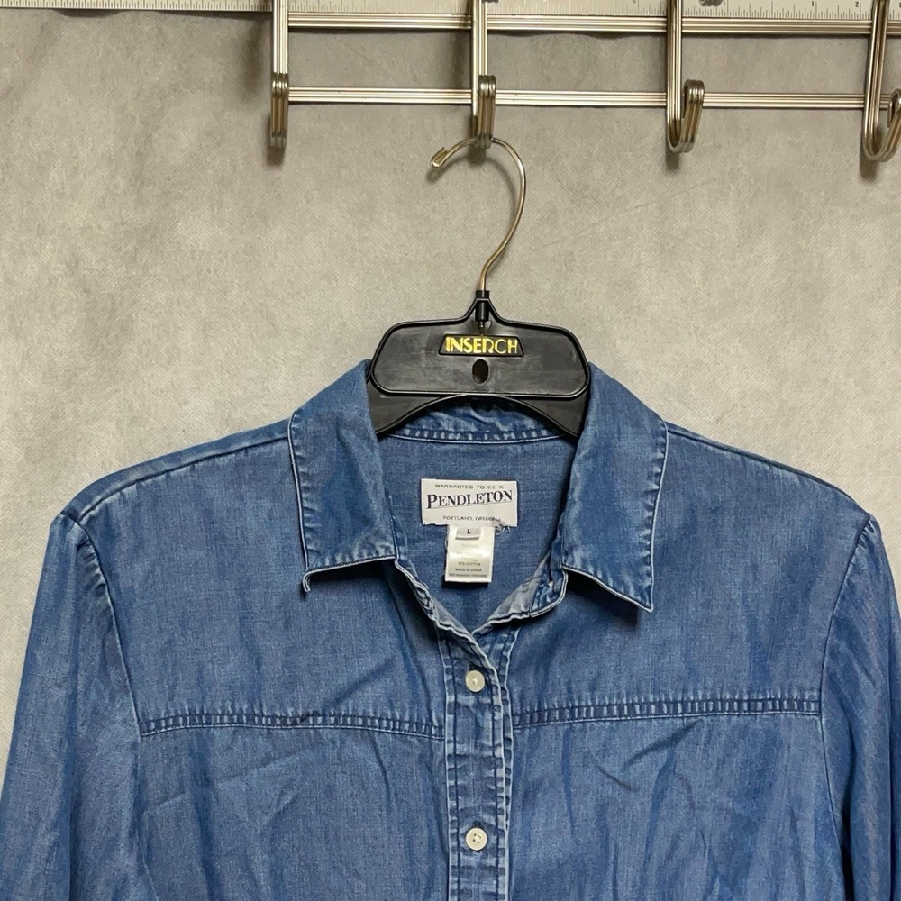 Pendleton Shirt Women L Blue Chambray Button Up L/S Yoke Tencel Lyocell Casual